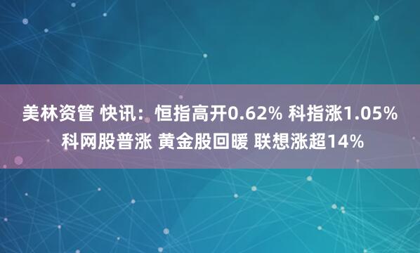 美林资管 快讯：恒指高开0.62% 科指涨1.05% 科网股普涨 黄金股回暖 联想涨超14%