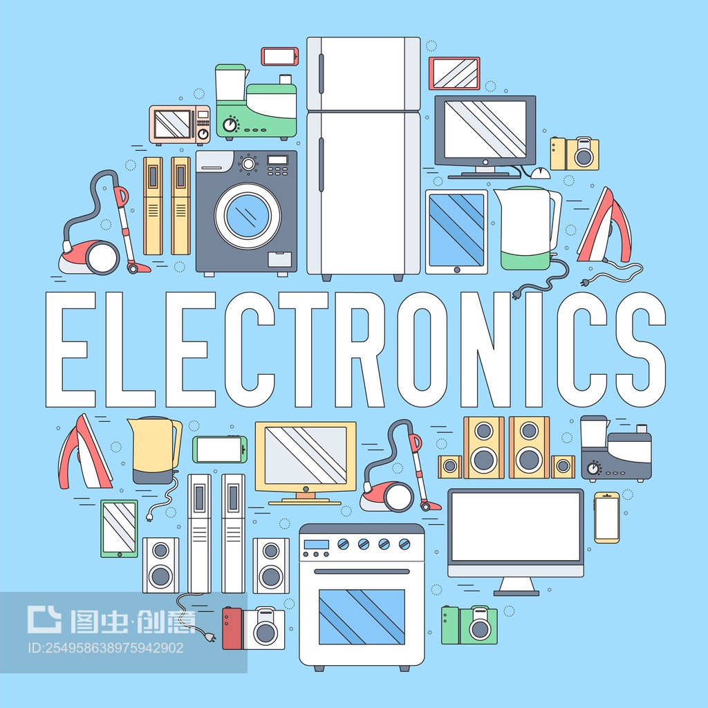 家用电子电器圈信息图形模板概念。为您的产品或设计、网络和移动应用程序设计的图标。矢量平面细线轮廓插图Home electronics appliances circle infographics template concept. Icons design for your product or design, web and mobile applications. Vector flat thin linesoutline illustration